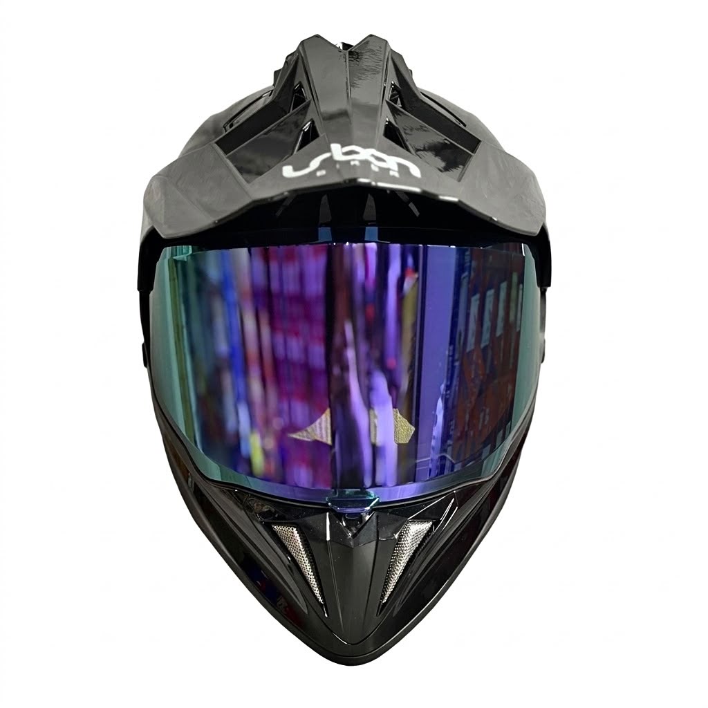 CASCO CERTIFICADO DOBLE PROPÓSITO URBAN BIKER – URBAN 89 OBSIDIAN SHINE CON VISOR MORADO+ VISOR TRANSPARENTE + PELÍCULA ANTIEMPAÑANTE - Imagen 7