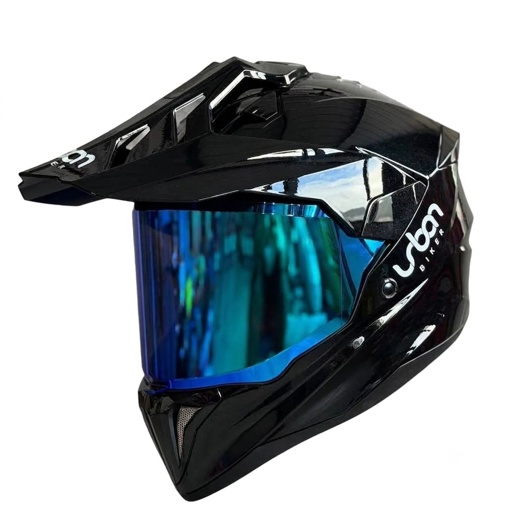 CASCO CERTIFICADO DOBLE PROPÓSITO URBAN BIKER – URBAN 89 OBSIDIAN SHINE CON VISOR AZUL + VISOR TRANSPARENTE + PELÍCULA ANTIEMPAÑANTE