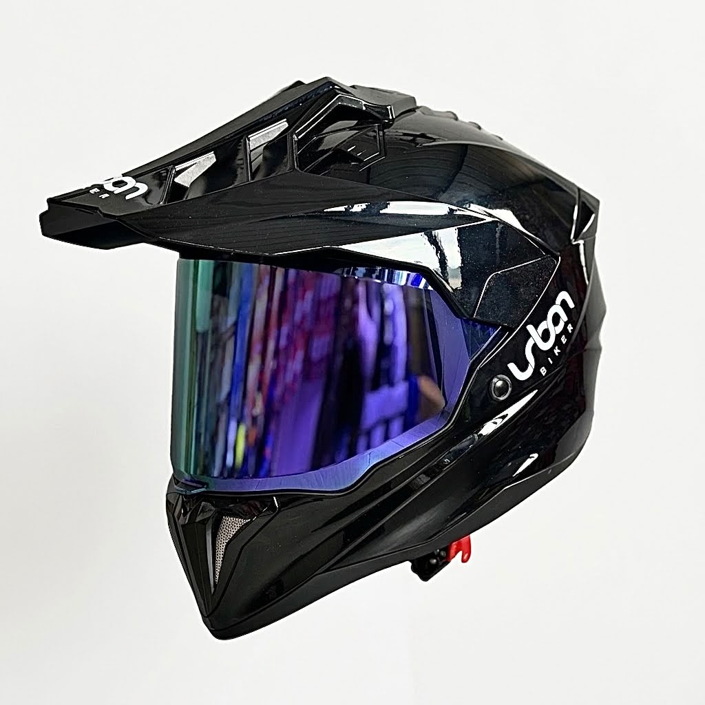 CASCO CERTIFICADO DOBLE PROPÓSITO URBAN BIKER – URBAN 89 OBSIDIAN SHINE CON VISOR MORADO+ VISOR TRANSPARENTE + PELÍCULA ANTIEMPAÑANTE