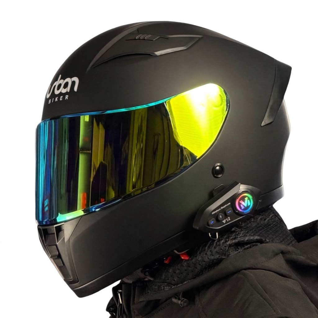 COMBO CASCO CERTIFICADO URBAN BIKER - URBAN 53 ECLIPSE CON VISOR DORADO IRIDIUM + VISOR TRANSPARENTE + BLUETOOTH Y12