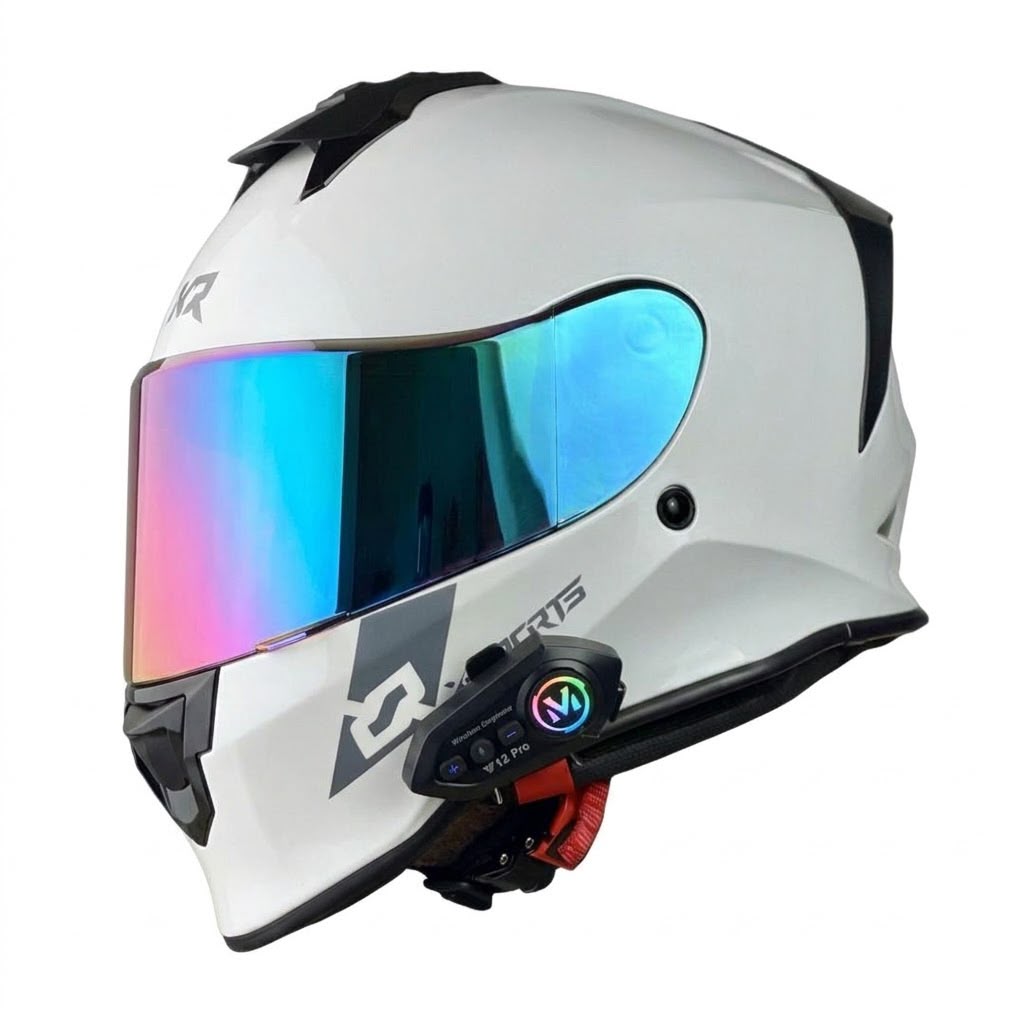 COMBO CASCO CERTIFICADO X-SPORTS WHITE SPECTRA CON VISOR IRIDIUM + VISOR TRANSPARENTE + INTERCOMUNICADOR Y12PRO