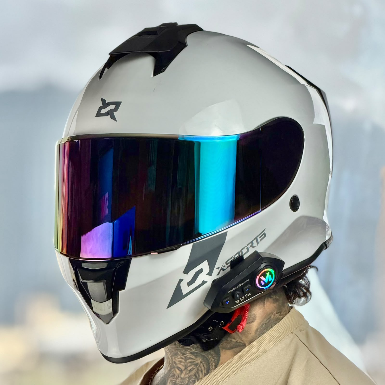 COMBO CASCO CERTIFICADO X-SPORTS WHITE SPECTRA CON VISOR IRIDIUM + VISOR TRANSPARENTE + INTERCOMUNICADOR Y12PRO - Imagen 3